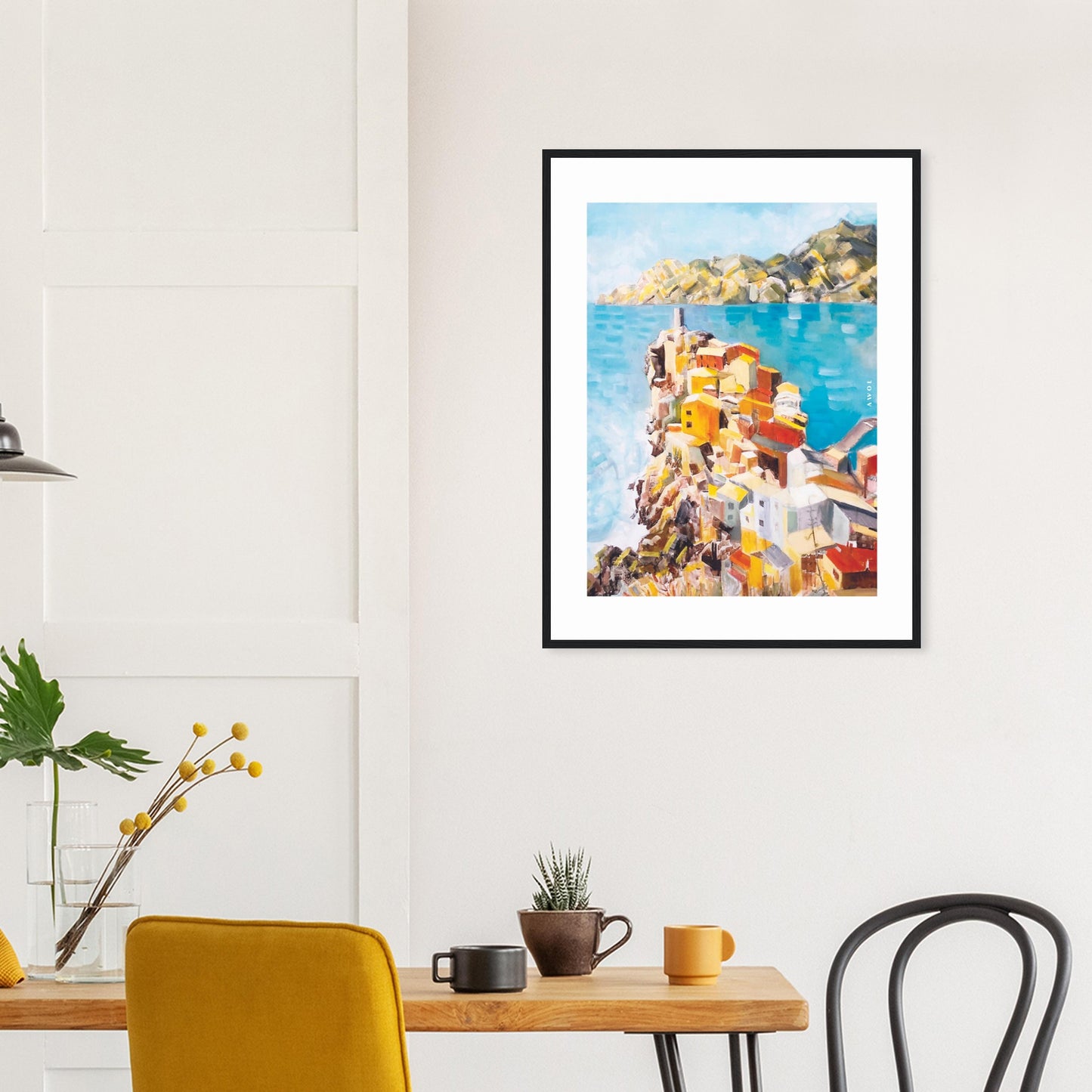 Colourful Town On A Cliff By The Sea In Italy: Italian Riviera Framed Art Print