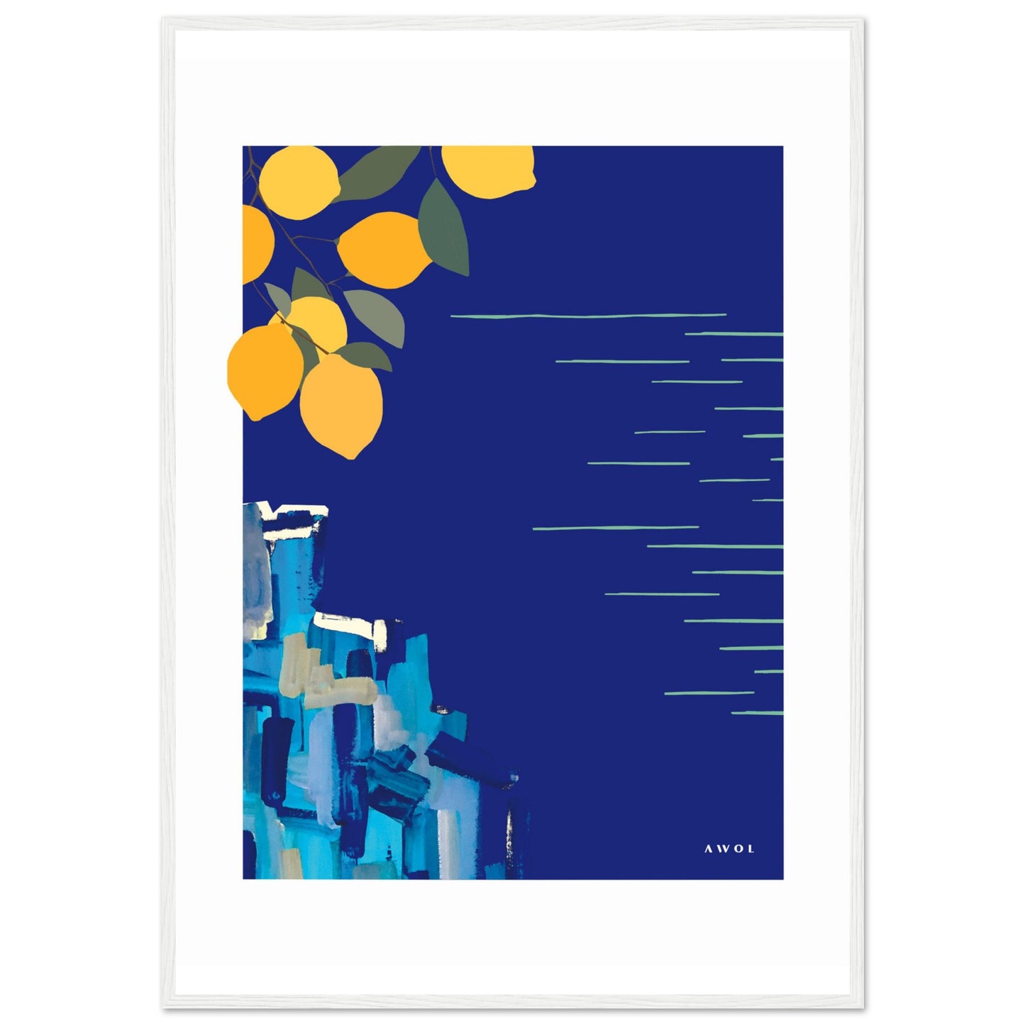 Mediterranean Blues: Landscape Art With Lemons By The Sea, Wooden Framed Art Print
