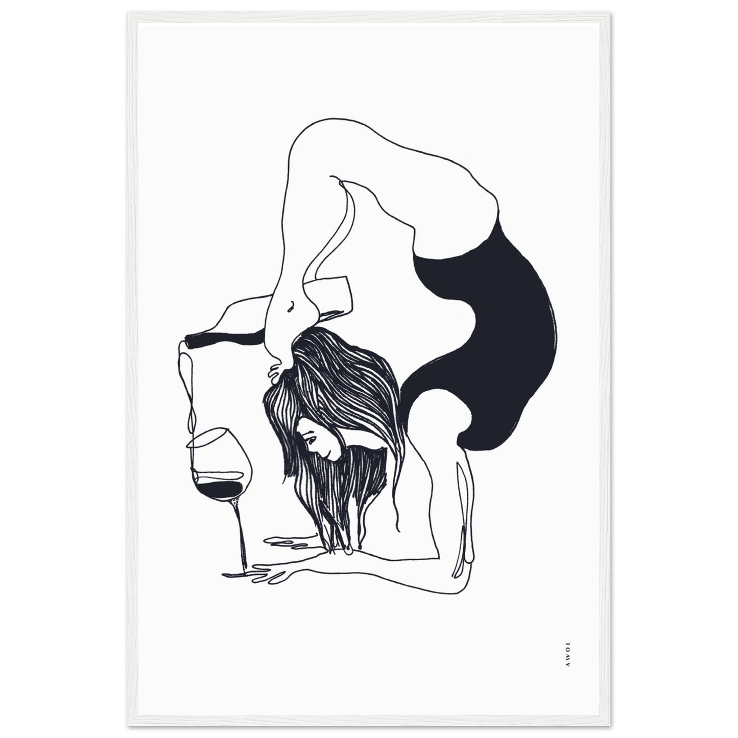 Funny Black And White Yoga Art Print In Wooden Frame With Wine And Balance Yoga Pose