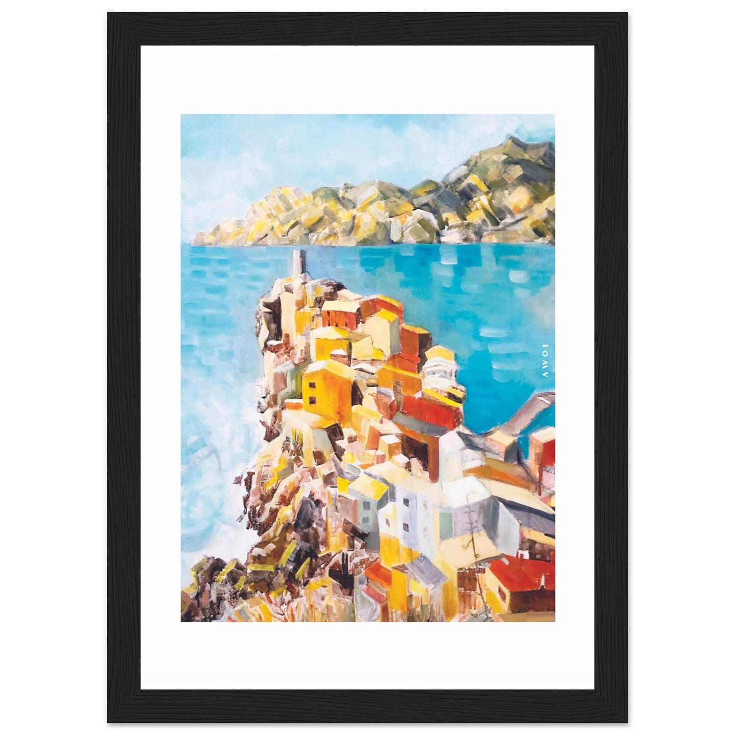 Colourful Town On A Cliff By The Sea In Italy: Italian Riviera Framed Art Print