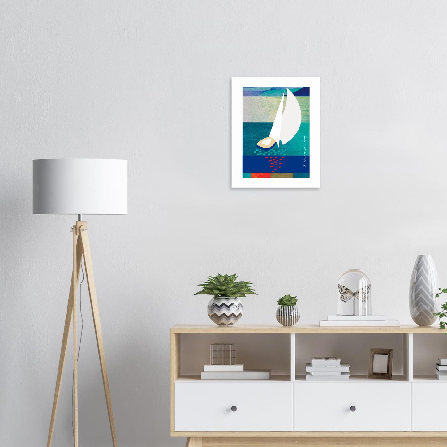 White Sailboat At Sunset On The Sea With Graphic Reflection: French Rivera Classic Matte Paper Poster
