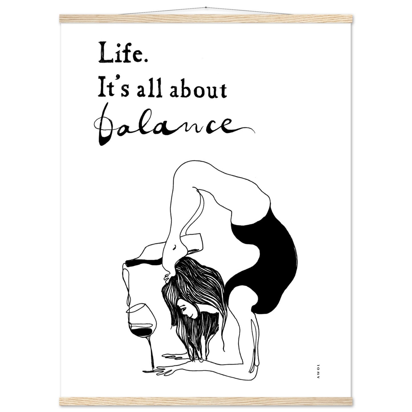 Funny Yoga Art Print With Spiritual Quote, Yoga Pose And Wine, Poster Print with Hanger