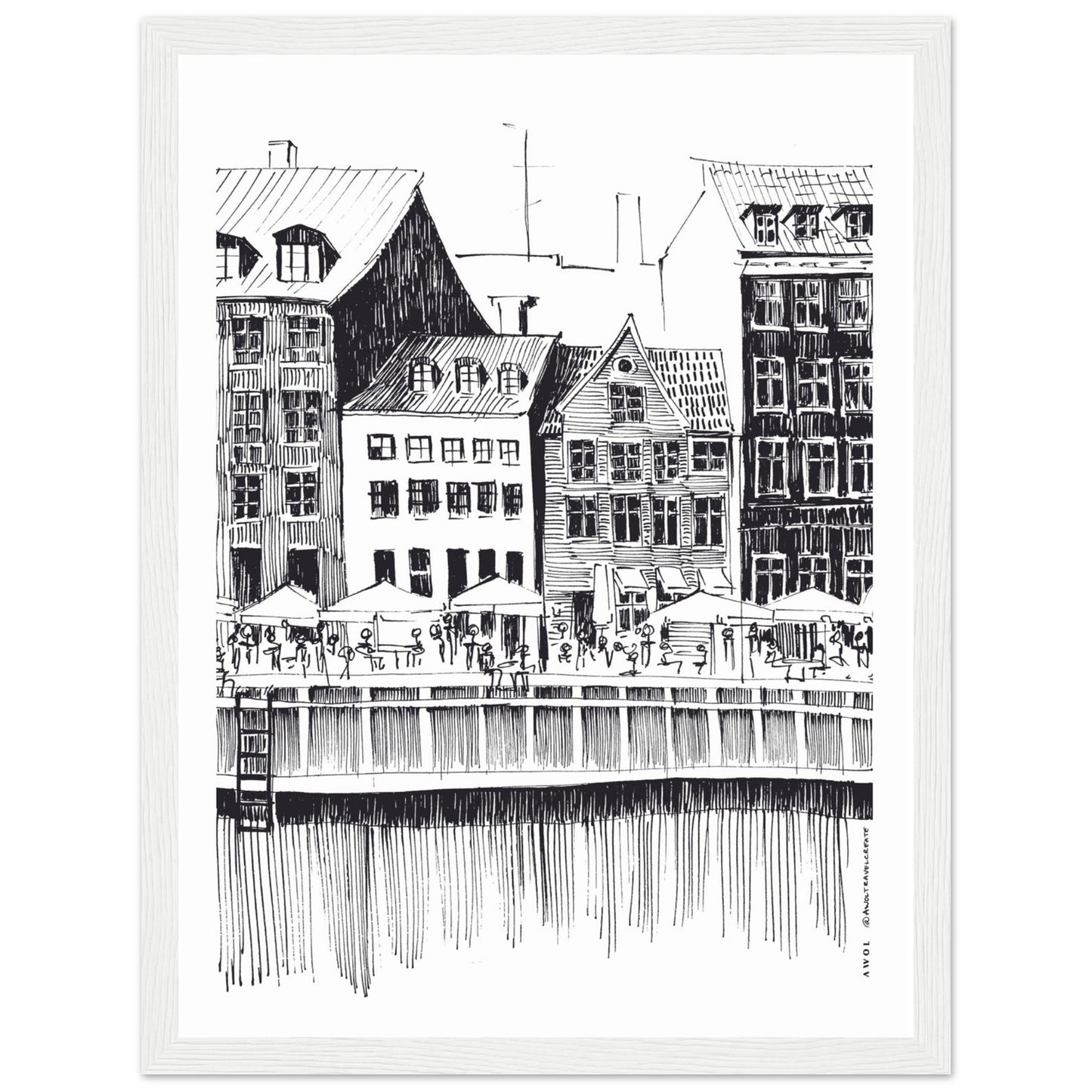 Saturday Afternoon With Cafés And Historic Houses In Copenhagen, Wooden Framed Art Print On Premium Paper