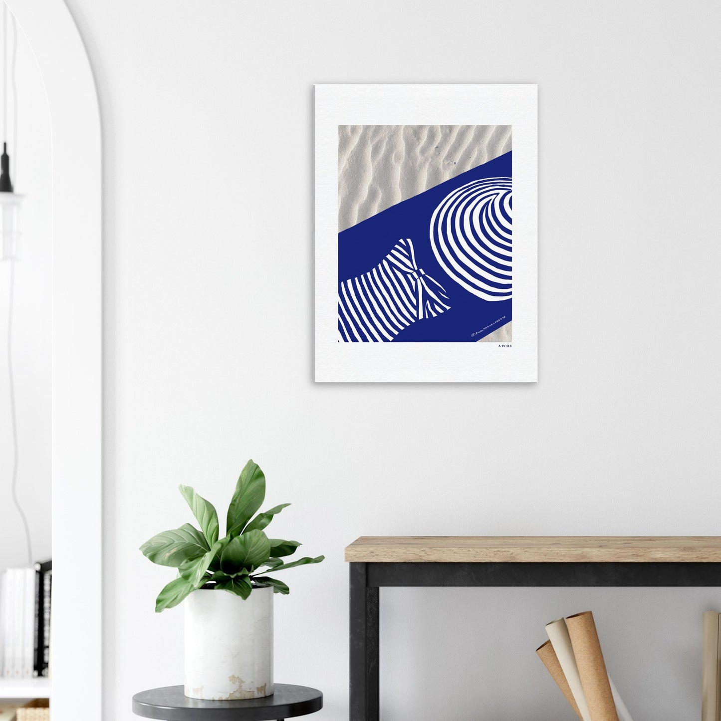 Woman Relaxing In And Oversized Beach Hat, And Striped Bathing Suit, Vacation Vibes, Modern Blue Canvas Art
