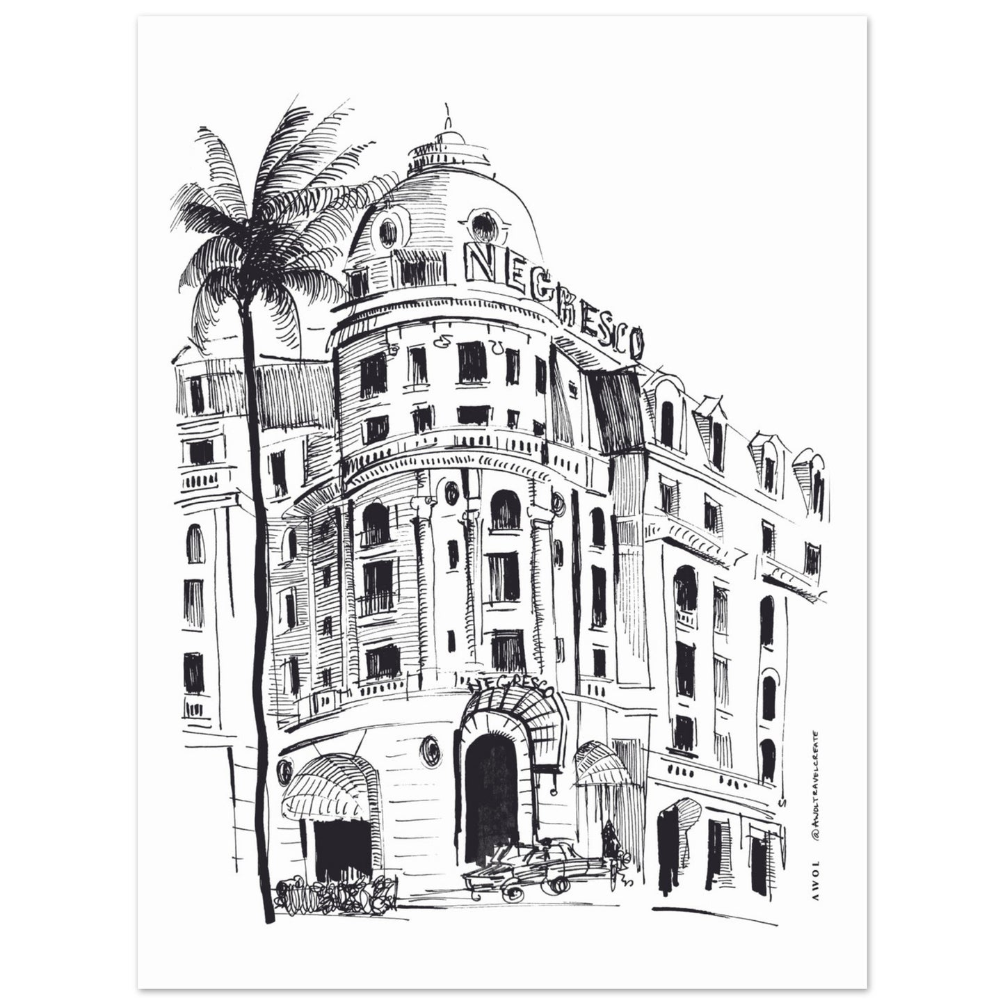 French Riviera Glamour With Palm Trees Art Print: Negresco Hotel Poster Print