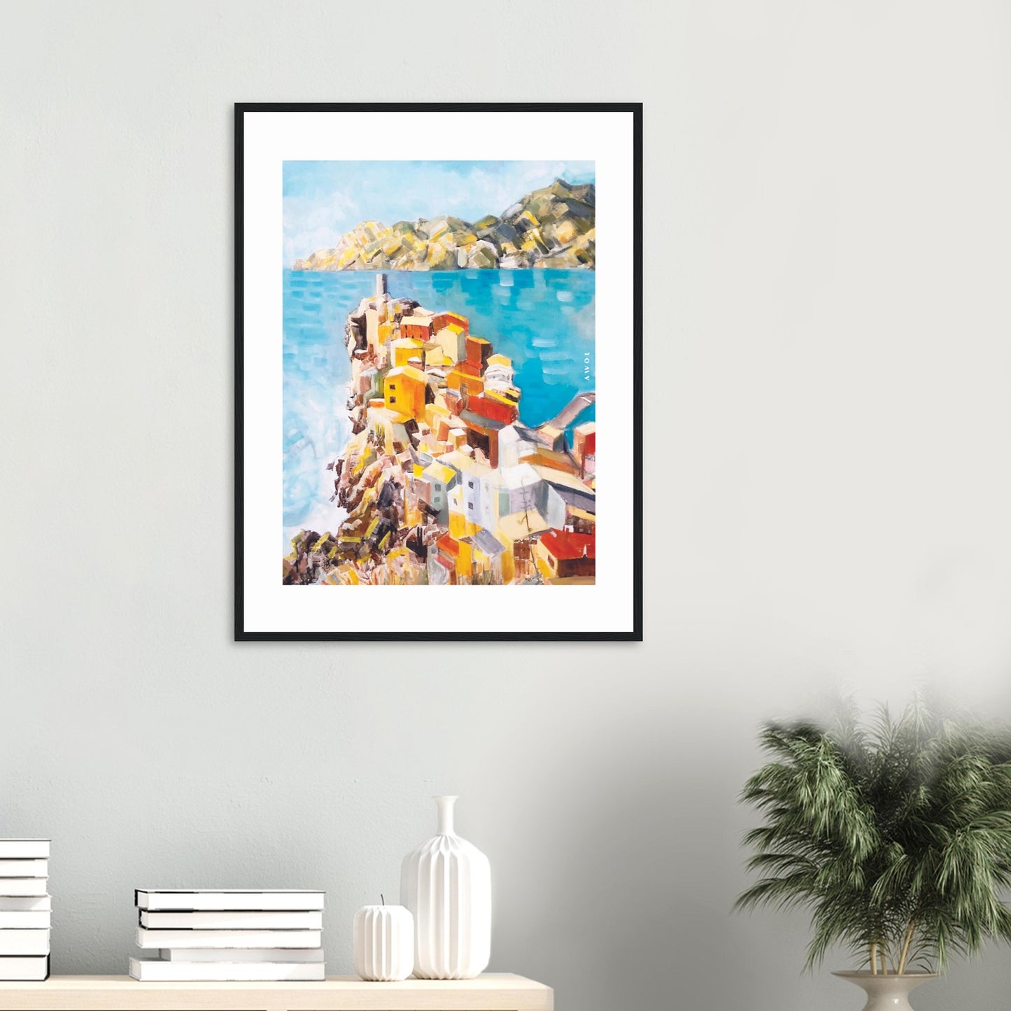Colourful Town On A Cliff By The Sea In Italy: Italian Riviera Framed Art Print