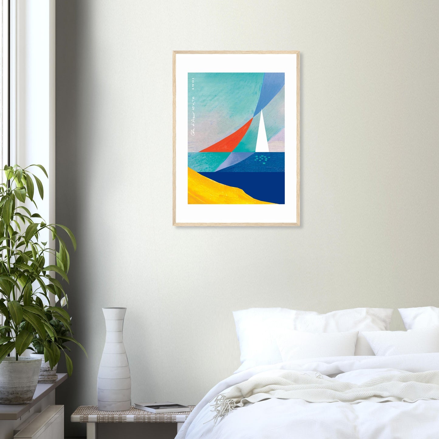 Sea And Sailboat Abstraction Art Of The Mediterranean Sea, French Riviera Nautical Art Print: Wooden Framed Poster Print