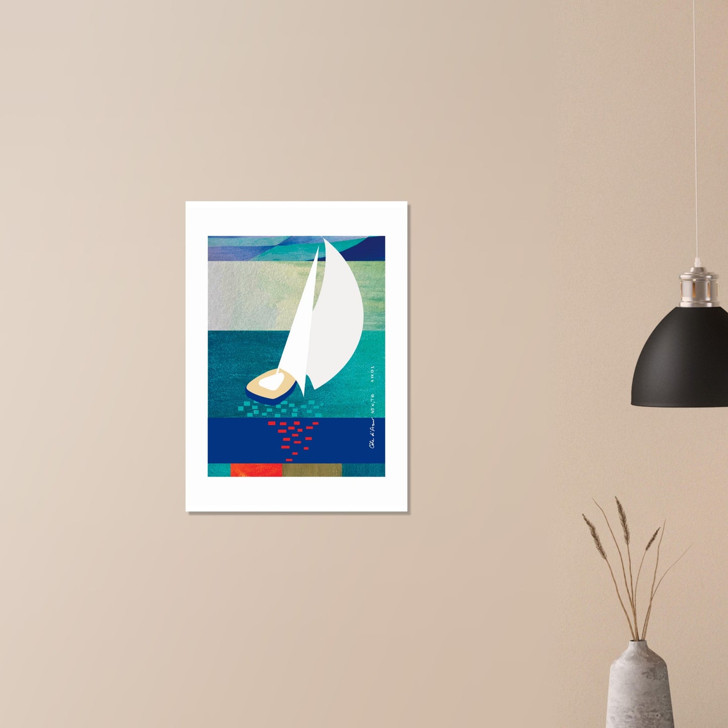White Sailboat At Sunset On The Sea With Graphic Reflection: French Rivera Aluminum Print