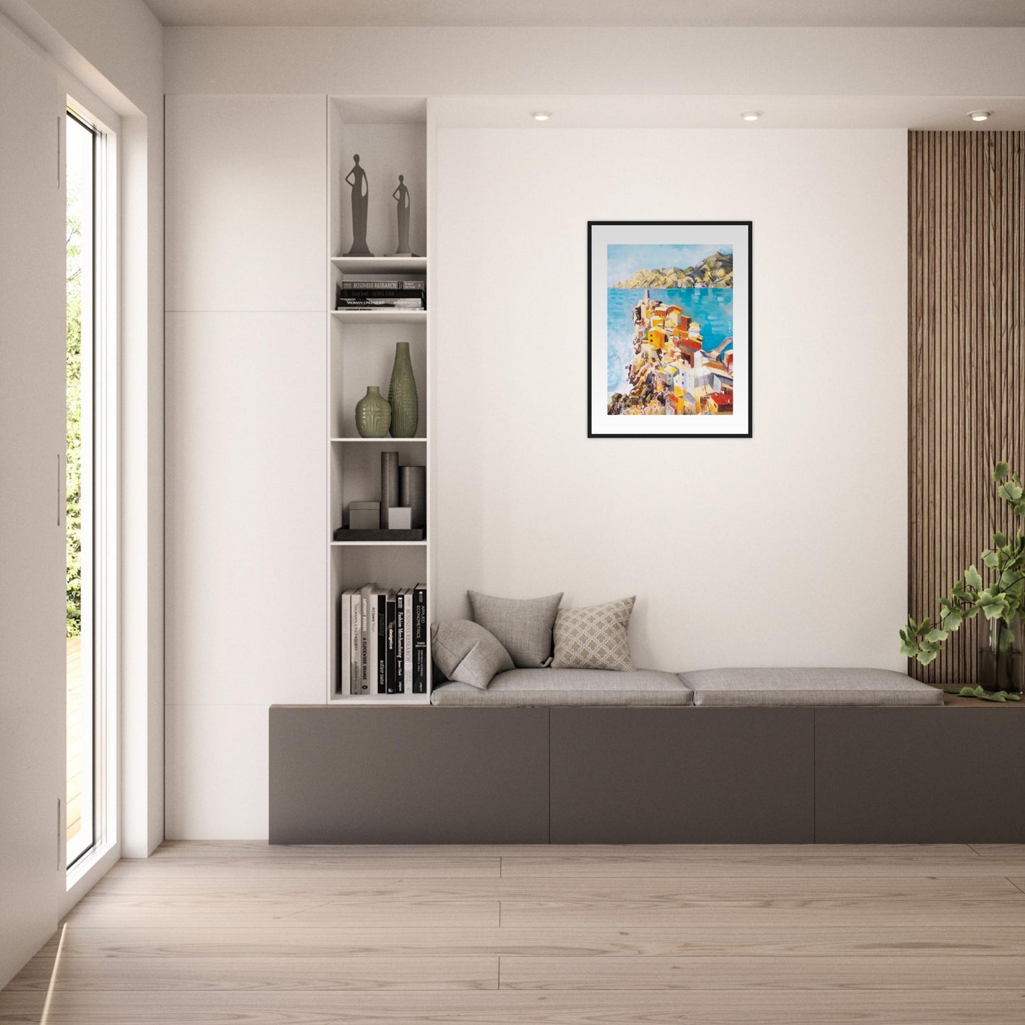 Colourful Town On A Cliff By The Sea In Italy: Italian Riviera Framed Art Print