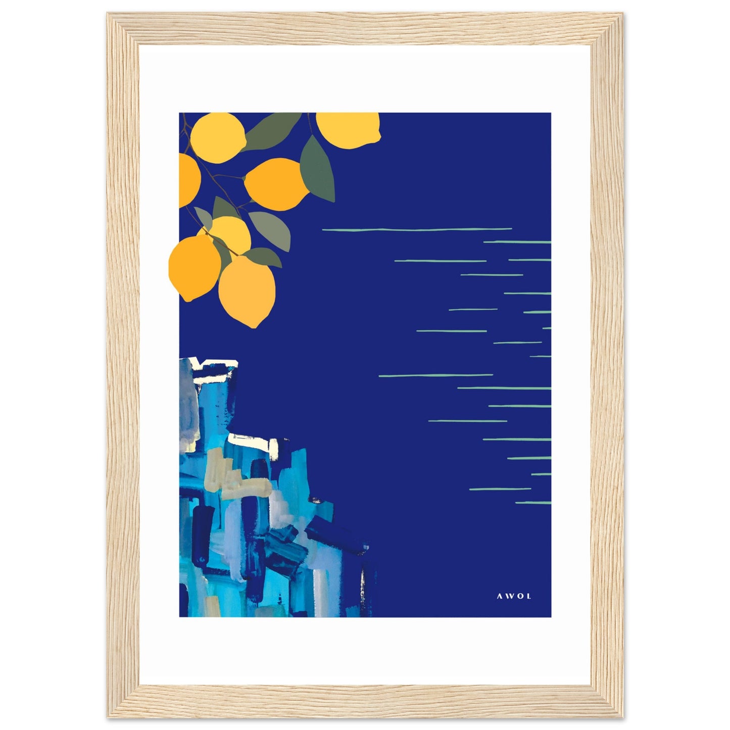 Mediterranean Blues: Landscape Art With Lemons By The Sea, Wooden Framed Art Print