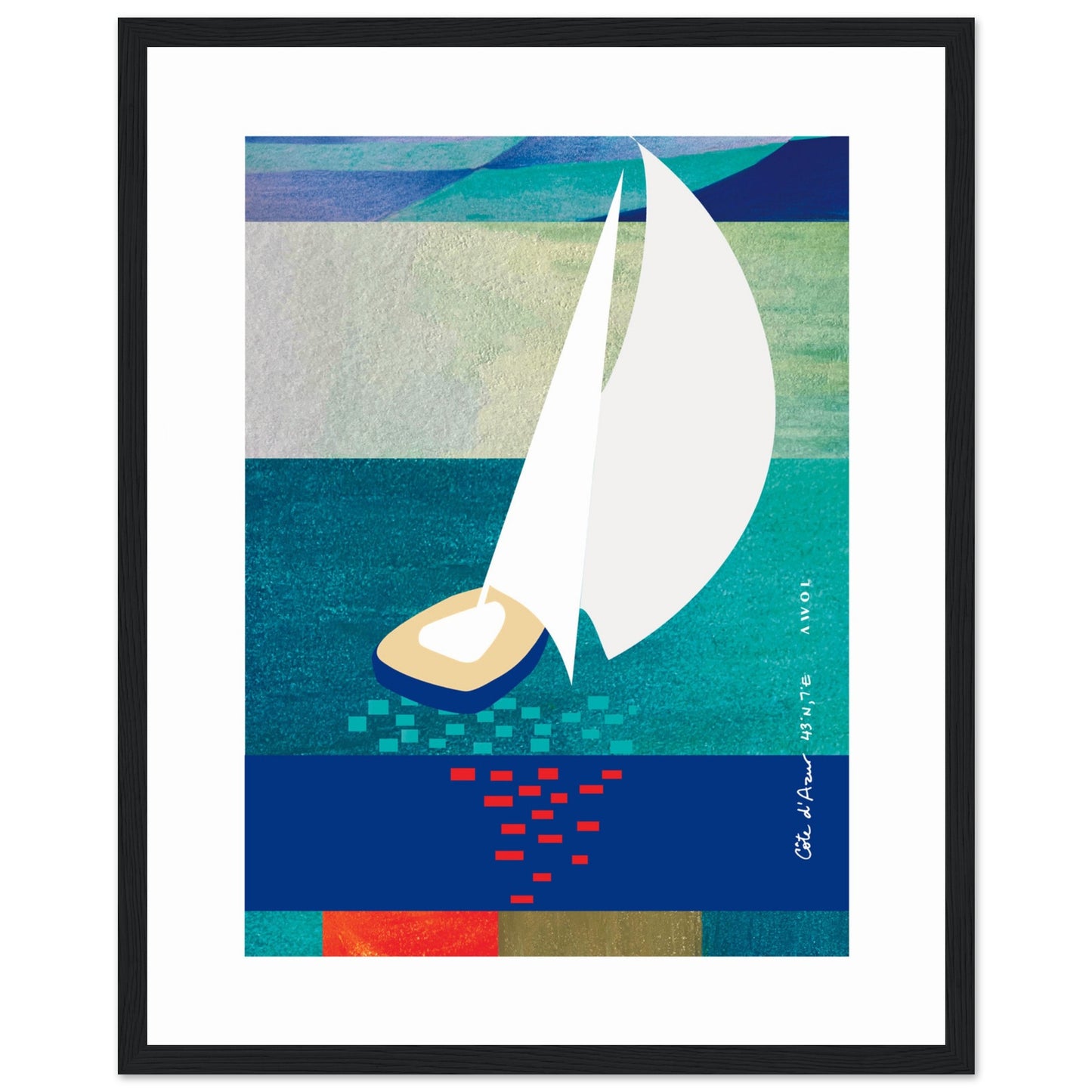 White Sailboat At Sunset On The Sea With Graphic Reflection: French Rivera: Classic Matte Paper Wooden Framed Poster