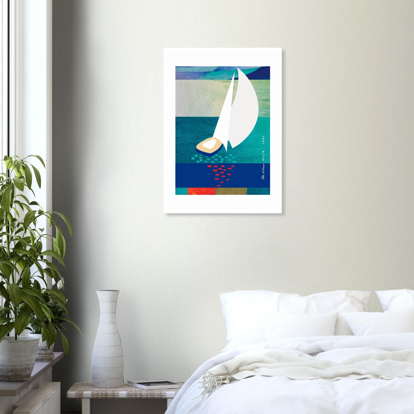 White Sailboat At Sunset On The Sea With Graphic Reflection: French Rivera Aluminum Print