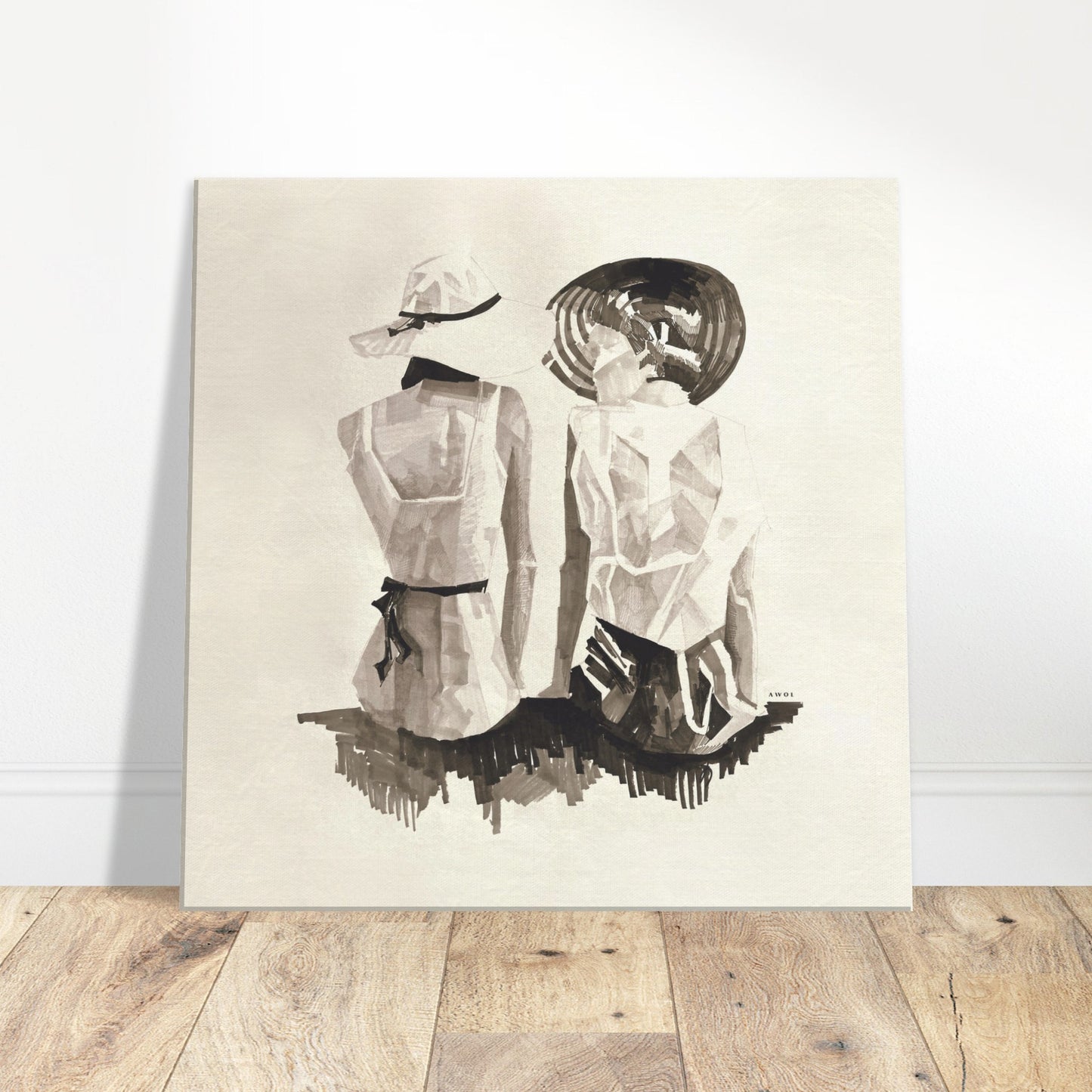 Mediterranean Elegance: Two Women In Hats On The Beach Looking At The Sea, Large Monochrome Canvas Art