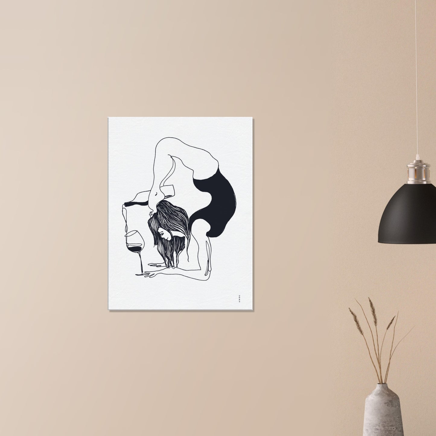 Funny Yoga Art On Canvas:  Minimalist Art Of Yoga Pose On Canvas With Wine