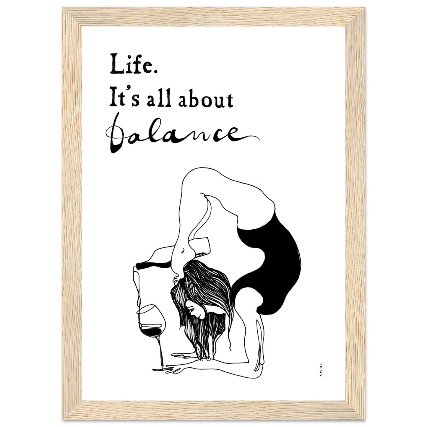 Yoga Art Print With Yoga Pose, Wine And Balance: Framed Art Print