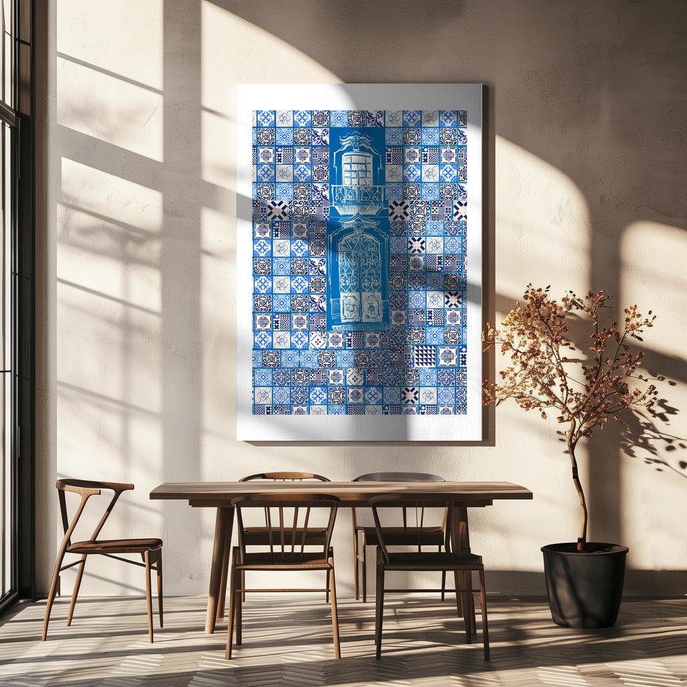 Blue Portugese Patterns: Azulejos Wall, Wooden Framed Poster