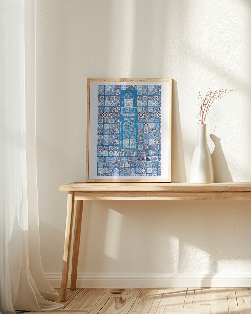 Blue Portugese Patterns: Azulejos Wall, Wooden Framed Poster
