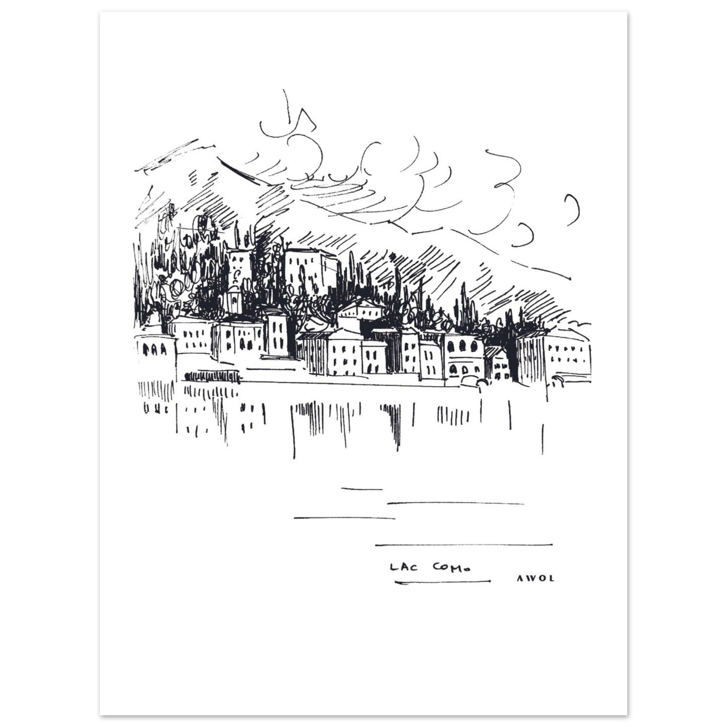 Lake Como, Italy Landscape Art With Mountain Town: Poster Print
