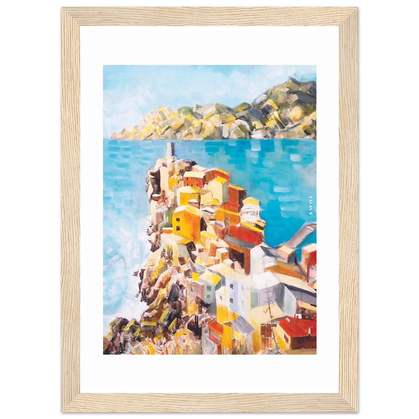 Colourful Town On A Cliff By The Sea In Italy: Italian Riviera Framed Art Print