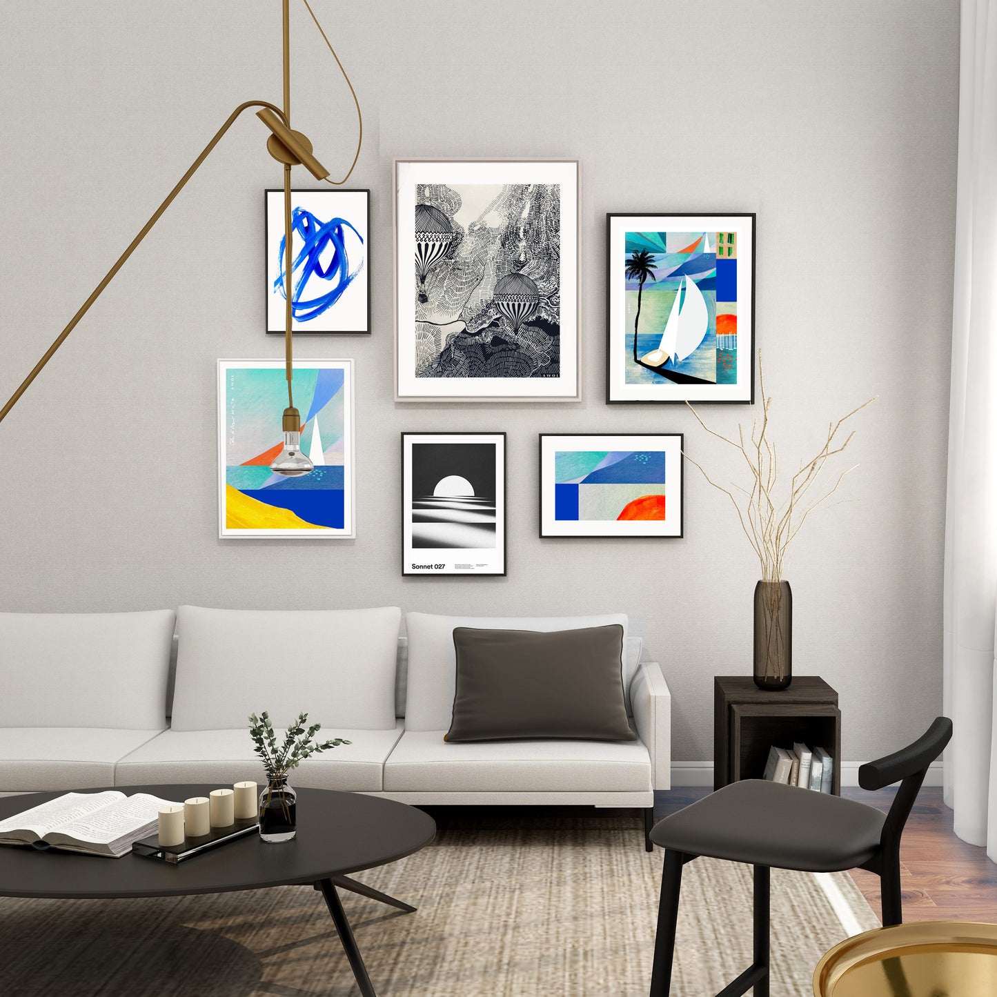 White Sailboat On Blue Sea At Sunrise, Palm Tree Art Print On Aluminum