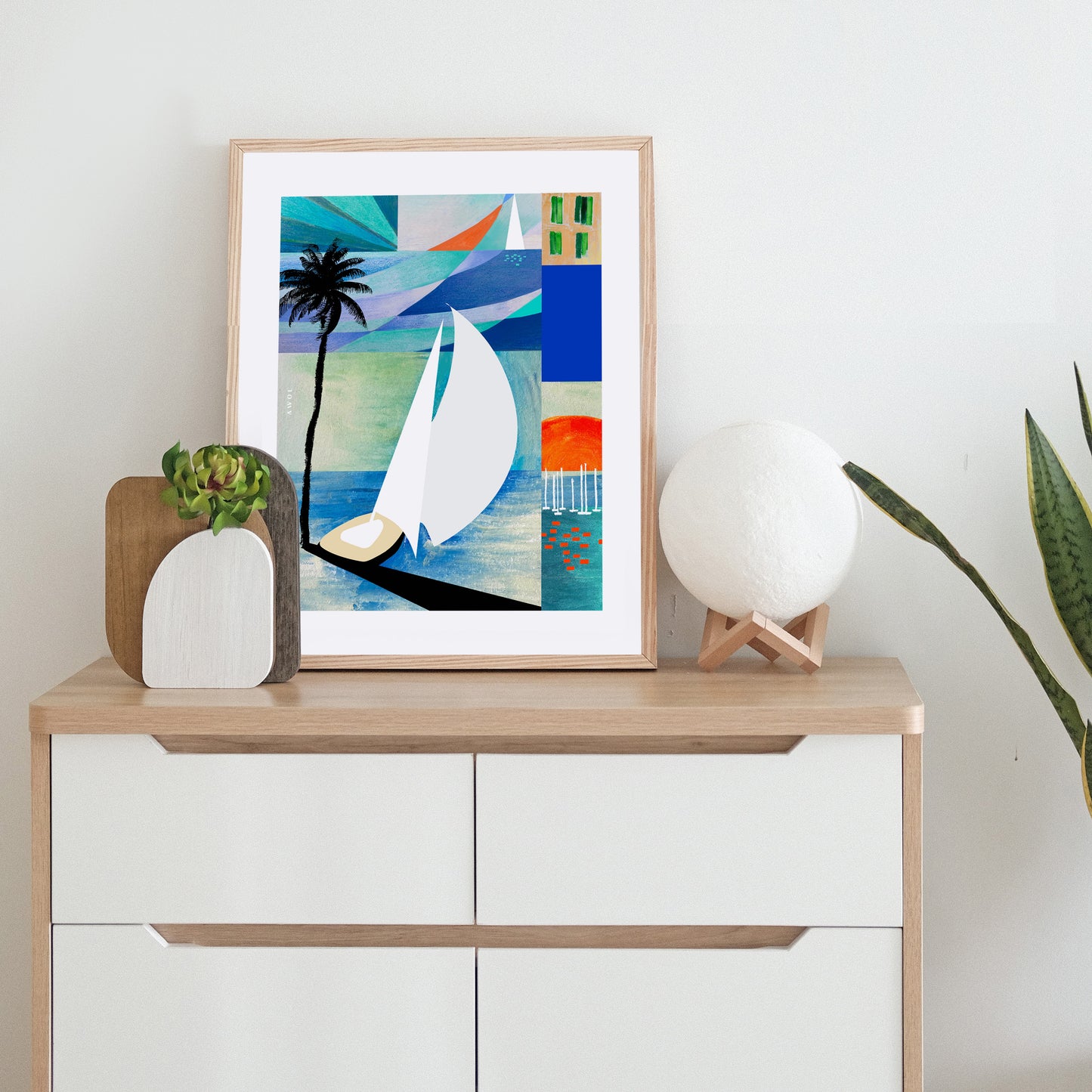 Sunrise, Sailboat And Palm Tree Beach, Sea Art : Framed Art Print