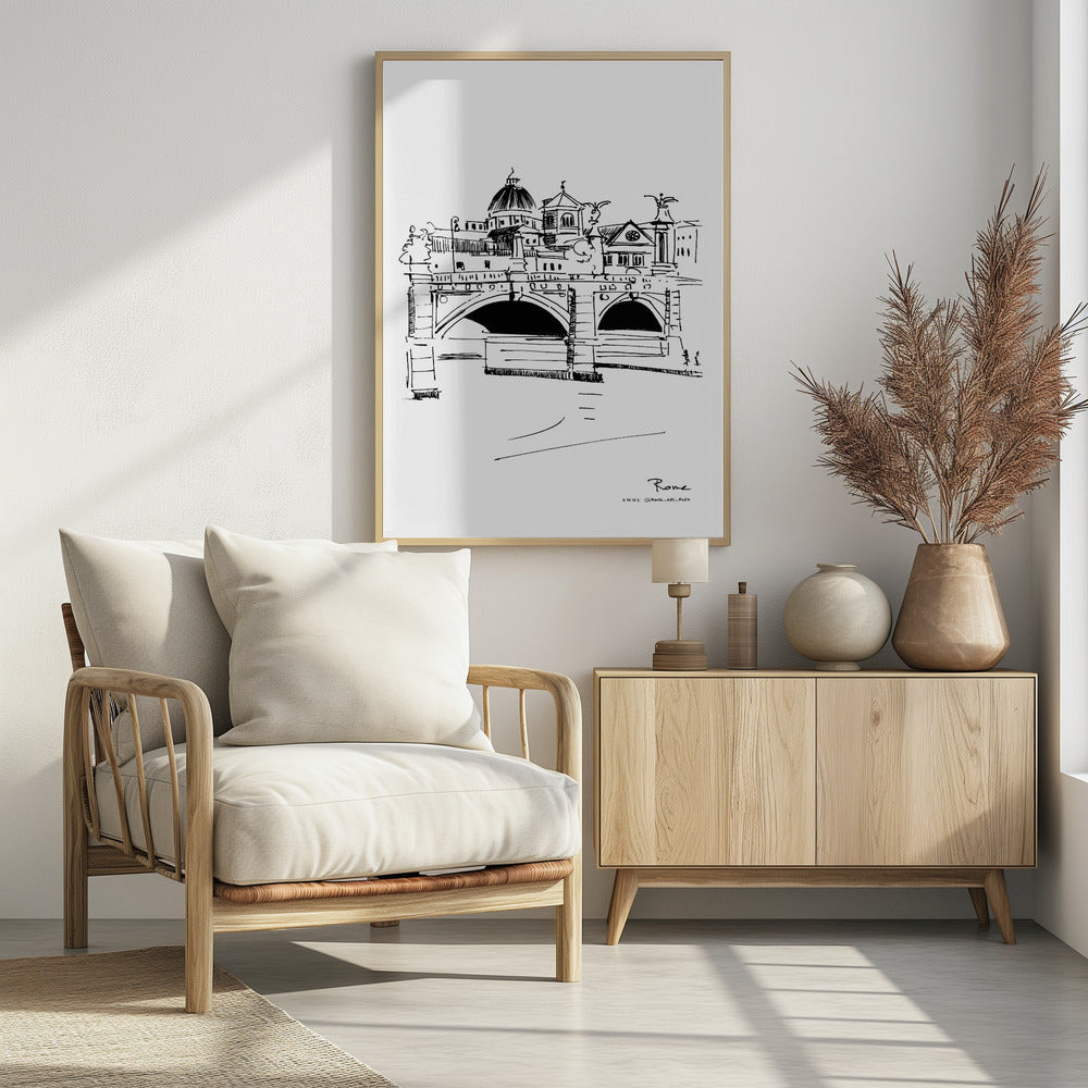 Rome Italy Wall Art Print – Hand-Drawn Bridge Sketch – Fine Art Travel Poster for Home & Wall Decor | Cityscape Line Art