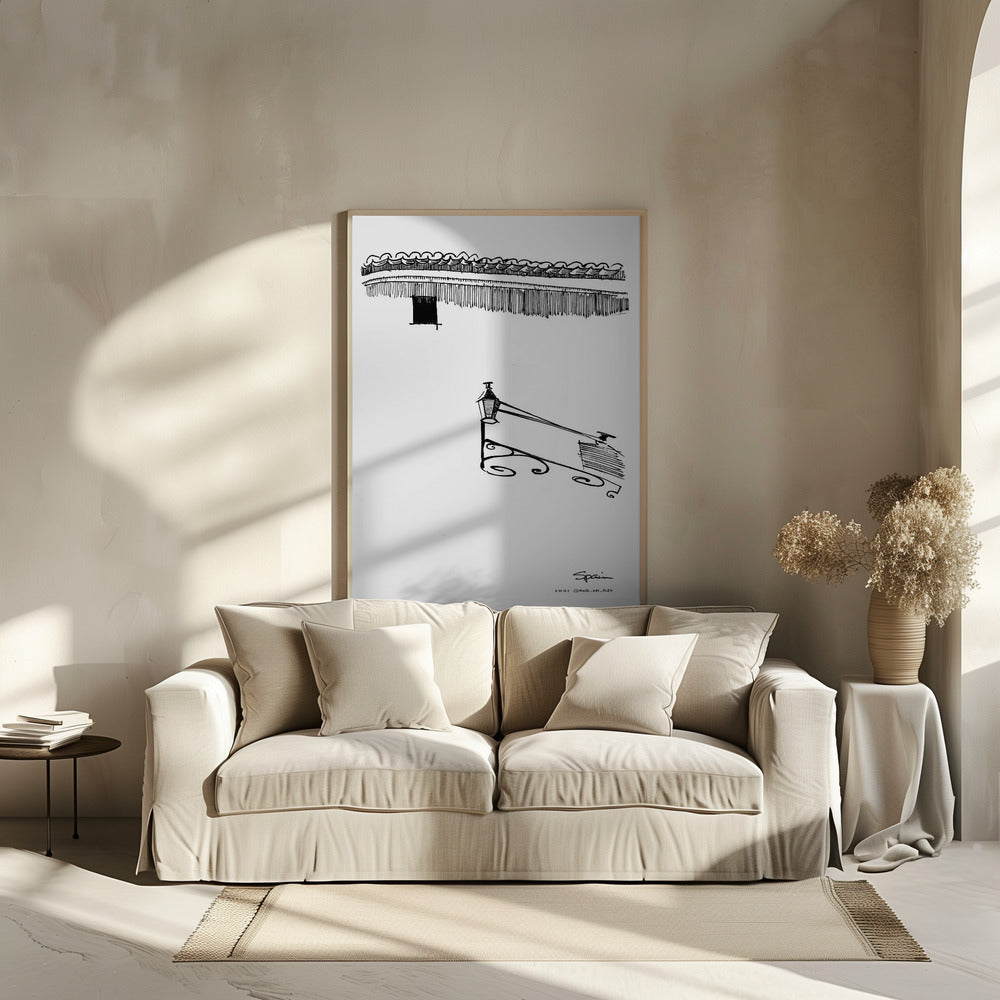 Siesta Shadows: Sunshine On Streetlamp In Spain: Fine Art Wooden Framed Poster