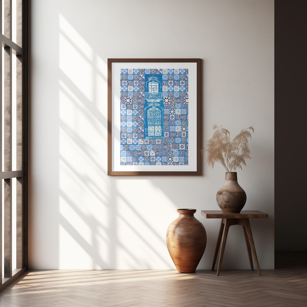 Blue Portugese Patterns: Azulejos Wall, Wooden Framed Poster