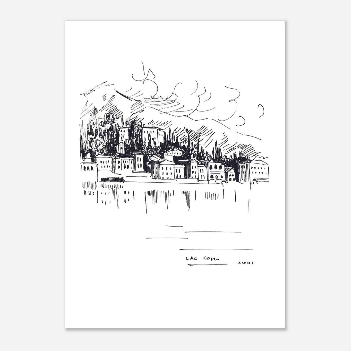Lake Como, Italy Landscape Art With Mountain Town: Poster Print