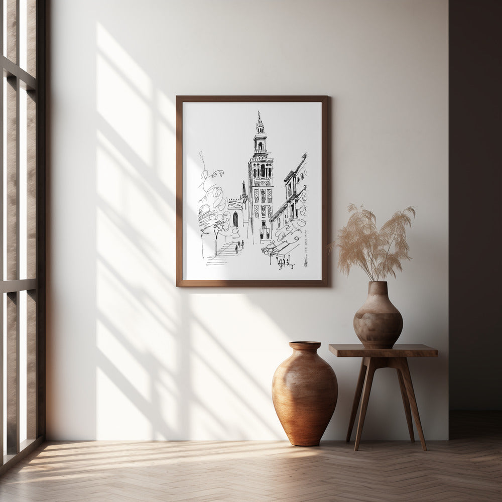 Seville Street Scene: La Giralda, Spain, Fine Art Wooden Framed Poster