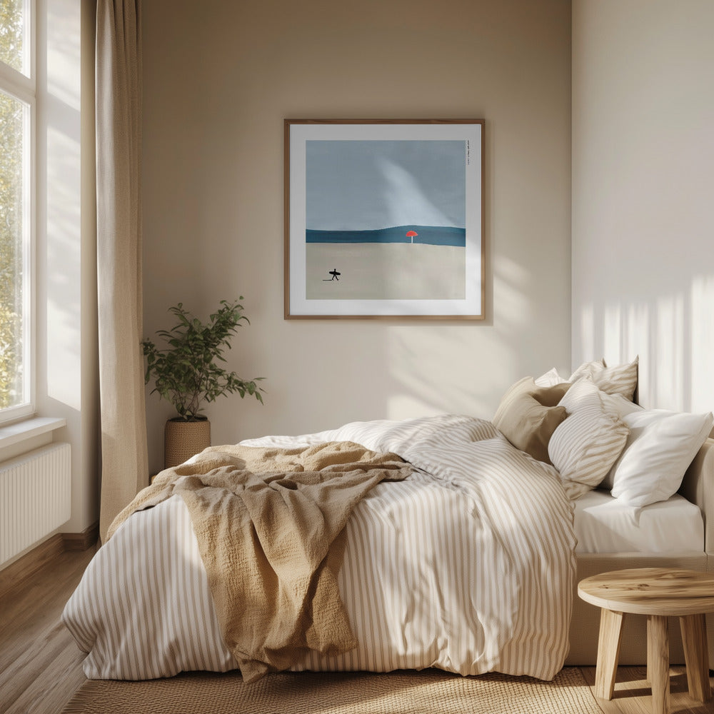 Toward the Wave: Surfer On The Beach, Fine Art Wooden Framed Poster