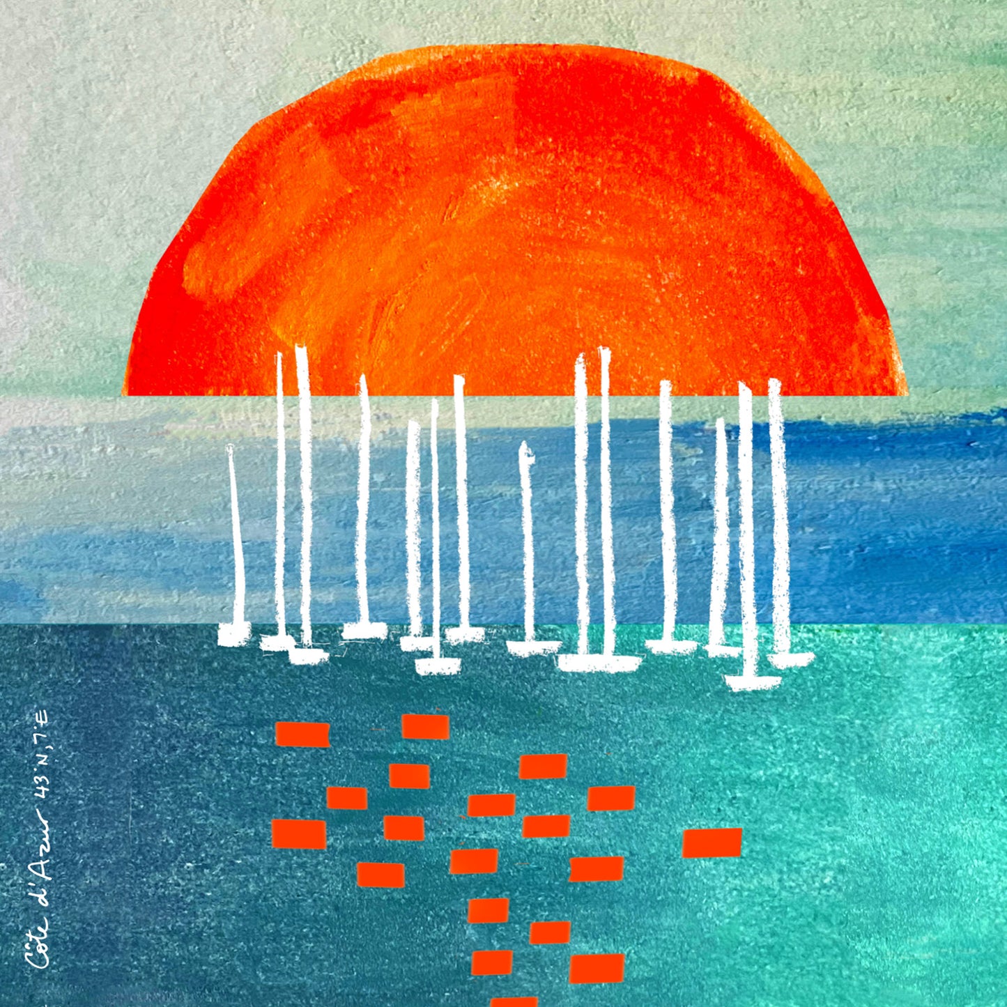 Orange Sunrise Over Blue Sea, Water Reflections And Sailboats: Poster Print