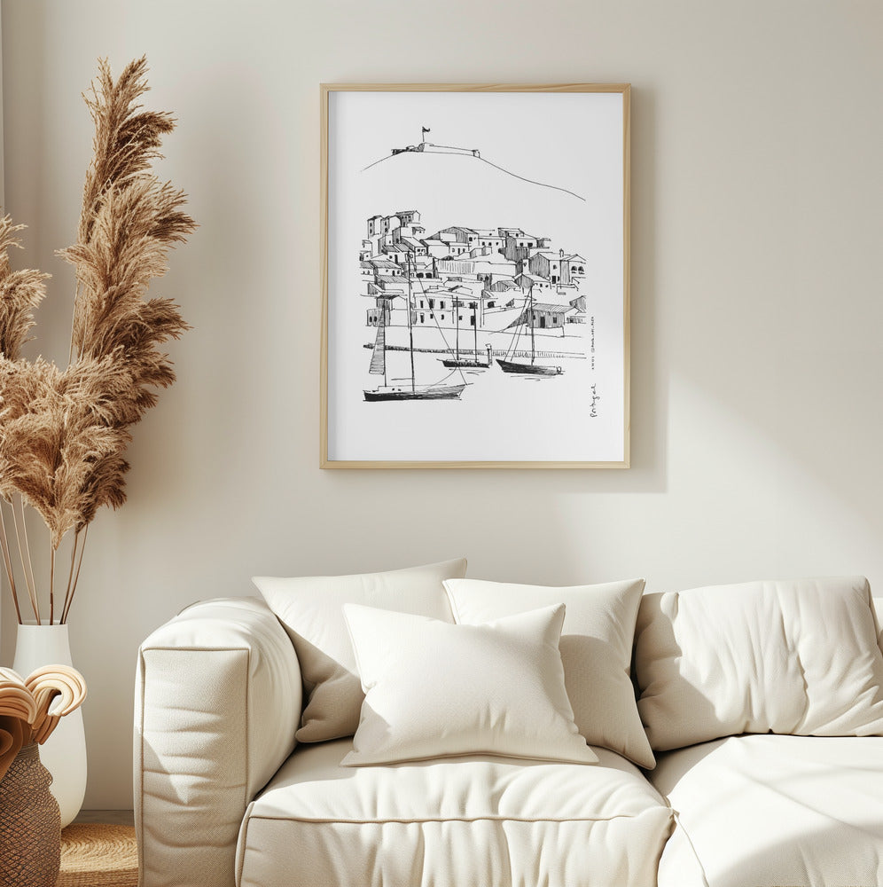 Small Portugese Town Overlooking Spain With Sailboats: Fine Art Poster
