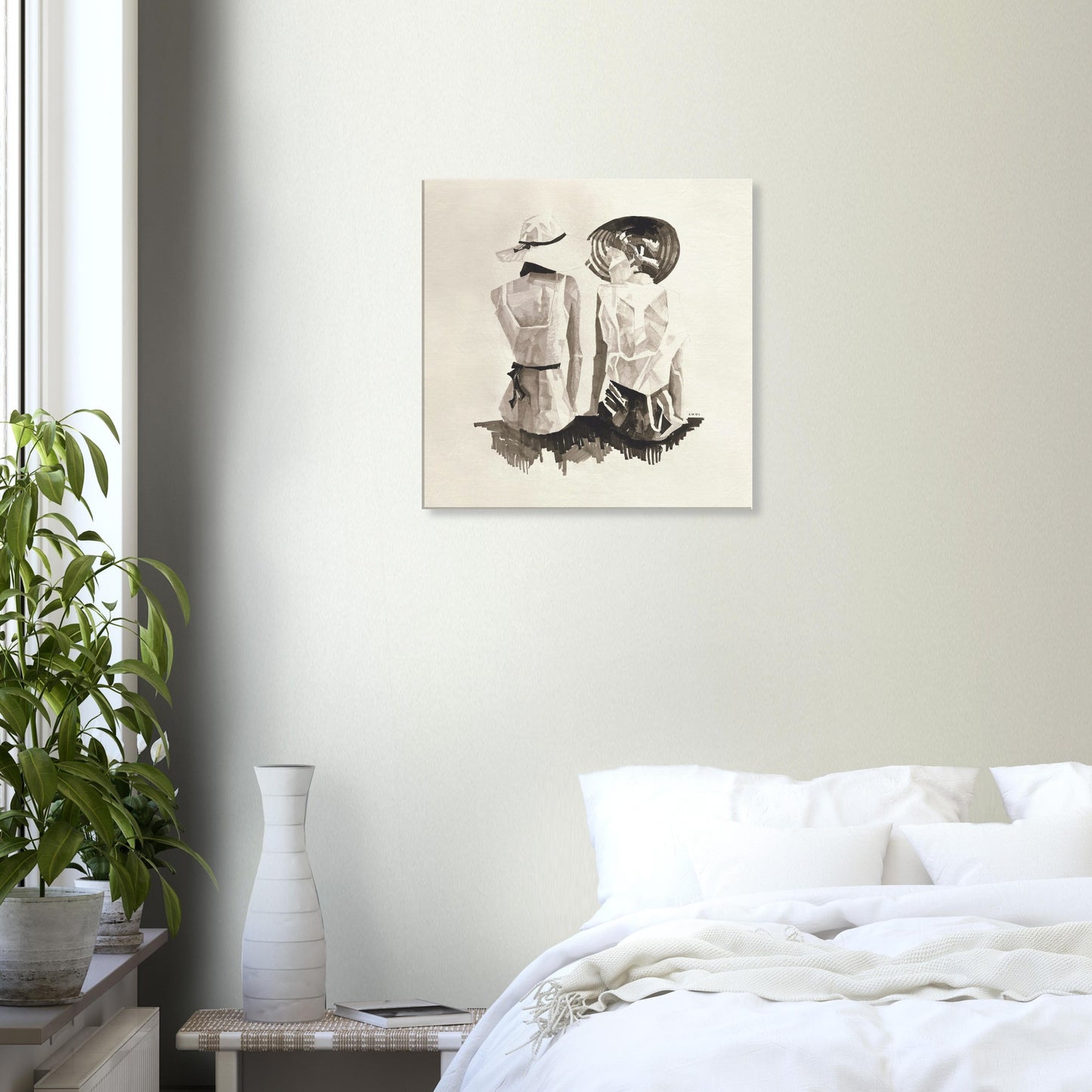 Mediterranean Elegance: Two Women In Hats On The Beach Looking At The Sea, Large Monochrome Canvas Art