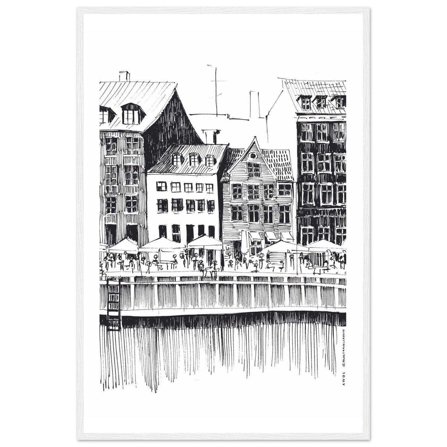 Saturday Afternoon With Cafés And Historic Houses In Copenhagen, Wooden Framed Art Print On Premium Paper