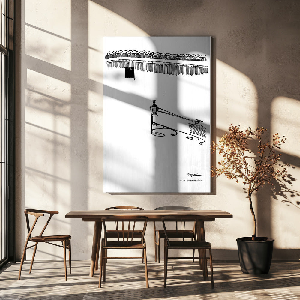 Siesta Shadows: Sunshine On Streetlamp In Spain: Fine Art Wooden Framed Poster