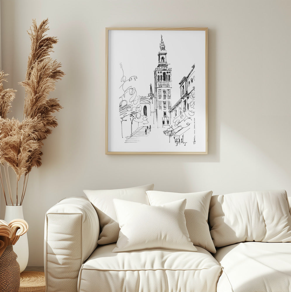 Seville Street Scene: La Giralda, Spain, Fine Art Wooden Framed Poster