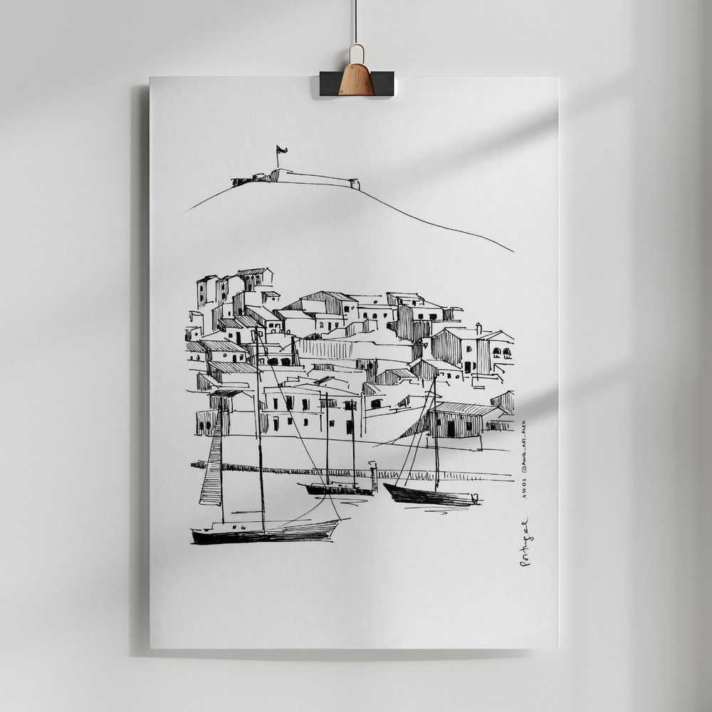 Small Portugese Town Overlooking Spain With Sailboats: Fine Art Poster