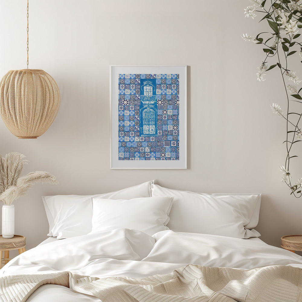 Blue Portugese Patterns: Azulejos Wall, Wooden Framed Poster