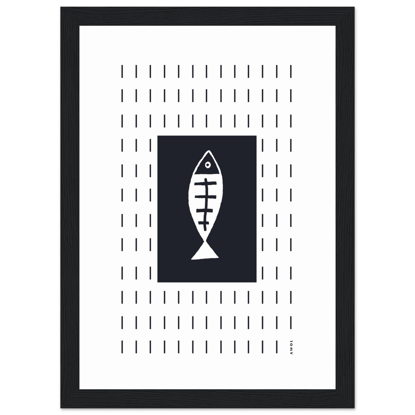 Minimalist Fish Art Abstraction In Rain Pattern, Black and White Framed Art Print