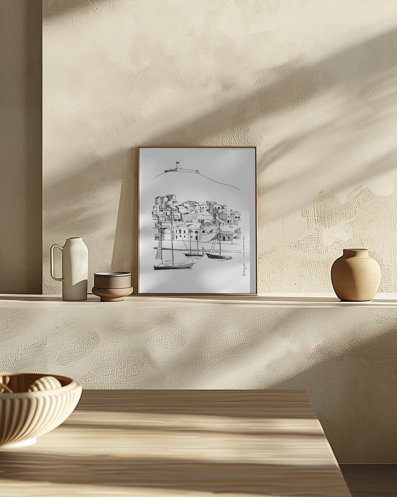 Small Portugese Town Overlooking Spain With Sailboats: Fine Art Poster
