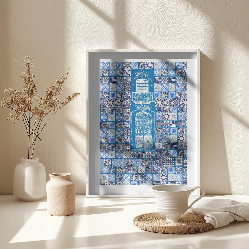 Blue Portugese Patterns: Azulejos Wall, Wooden Framed Poster