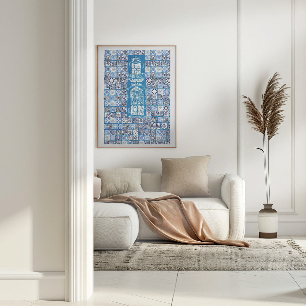 Blue Portugese Patterns: Azulejos Wall, Wooden Framed Poster
