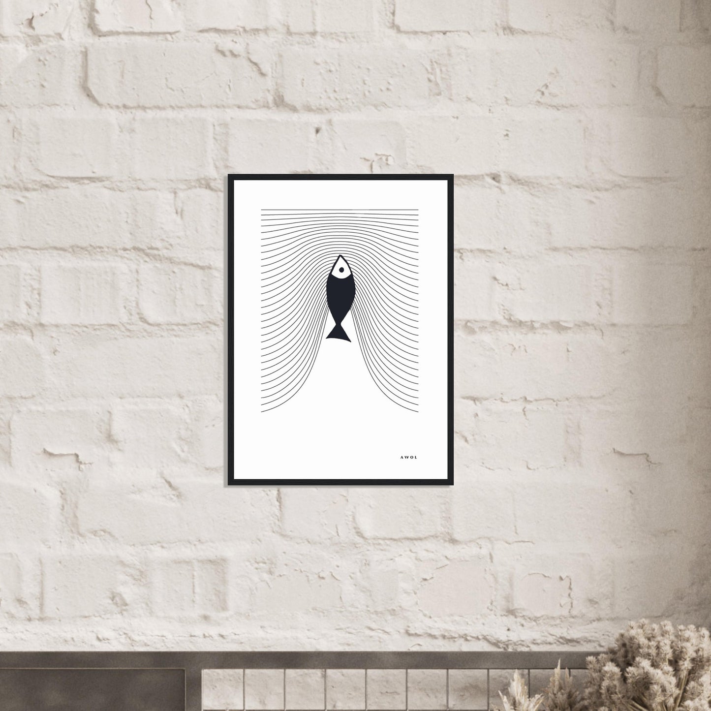 Minimalist Fish Swimming Upstream, Scandinavian Wall Art, Framed Art Print