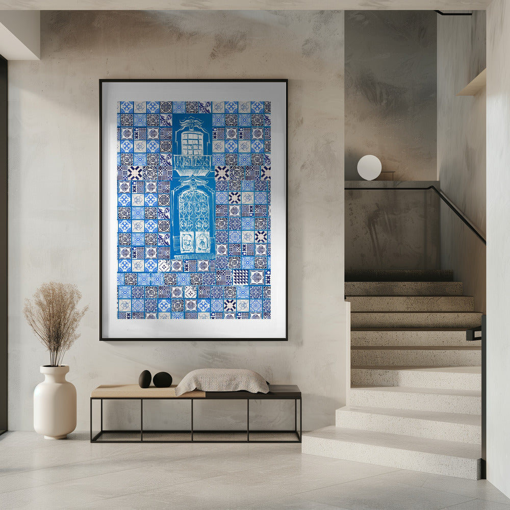 Blue Portugese Patterns: Azulejos Wall, Wooden Framed Poster