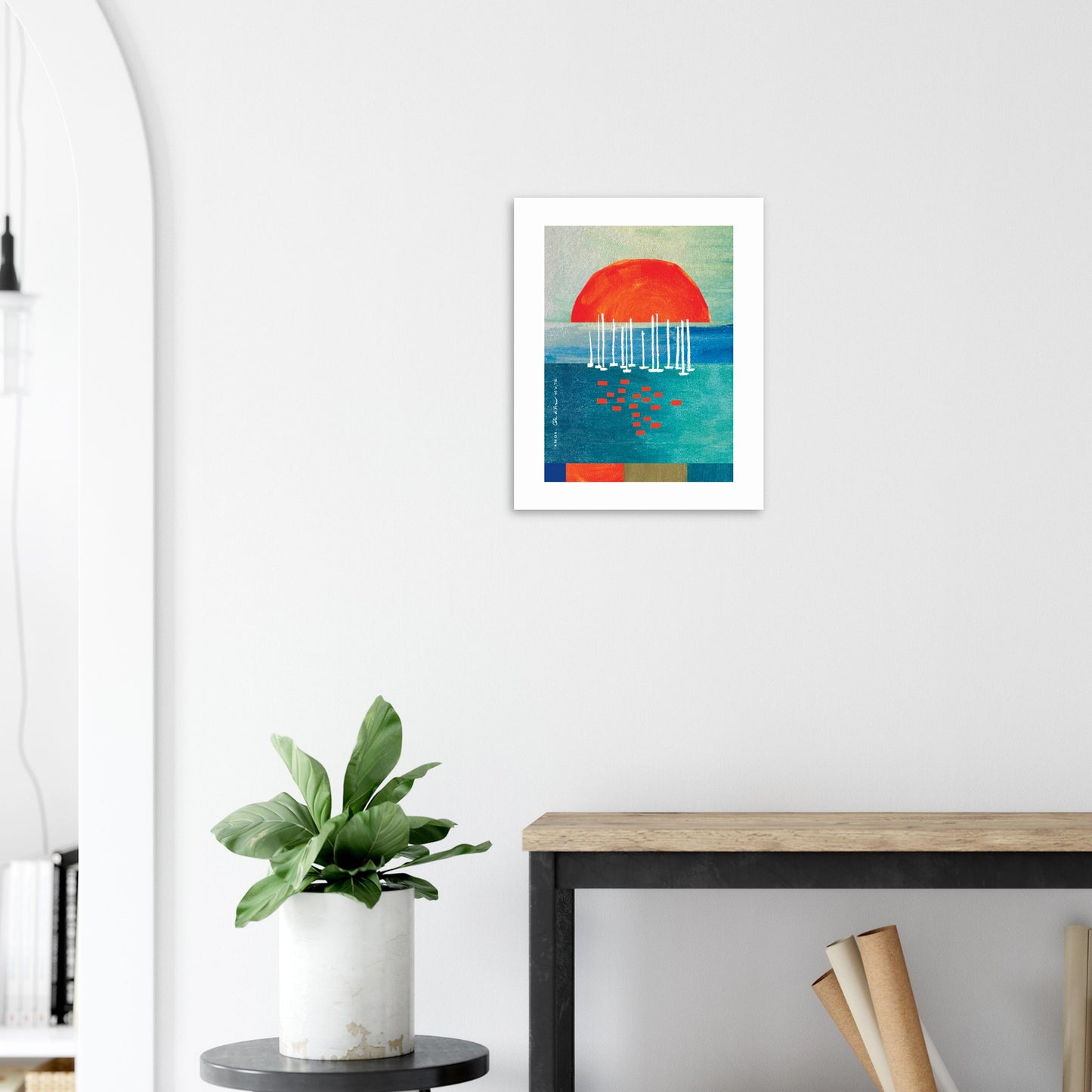 Orange Sunrise Over Blue Sea, Water Reflections And Sailboats: Poster Print