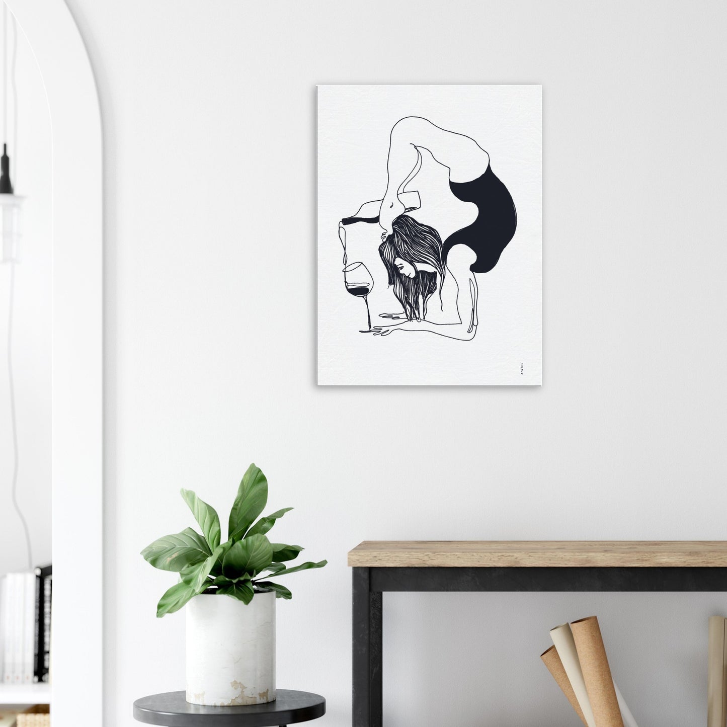 Funny Yoga Art On Canvas:  Minimalist Art Of Yoga Pose On Canvas With Wine