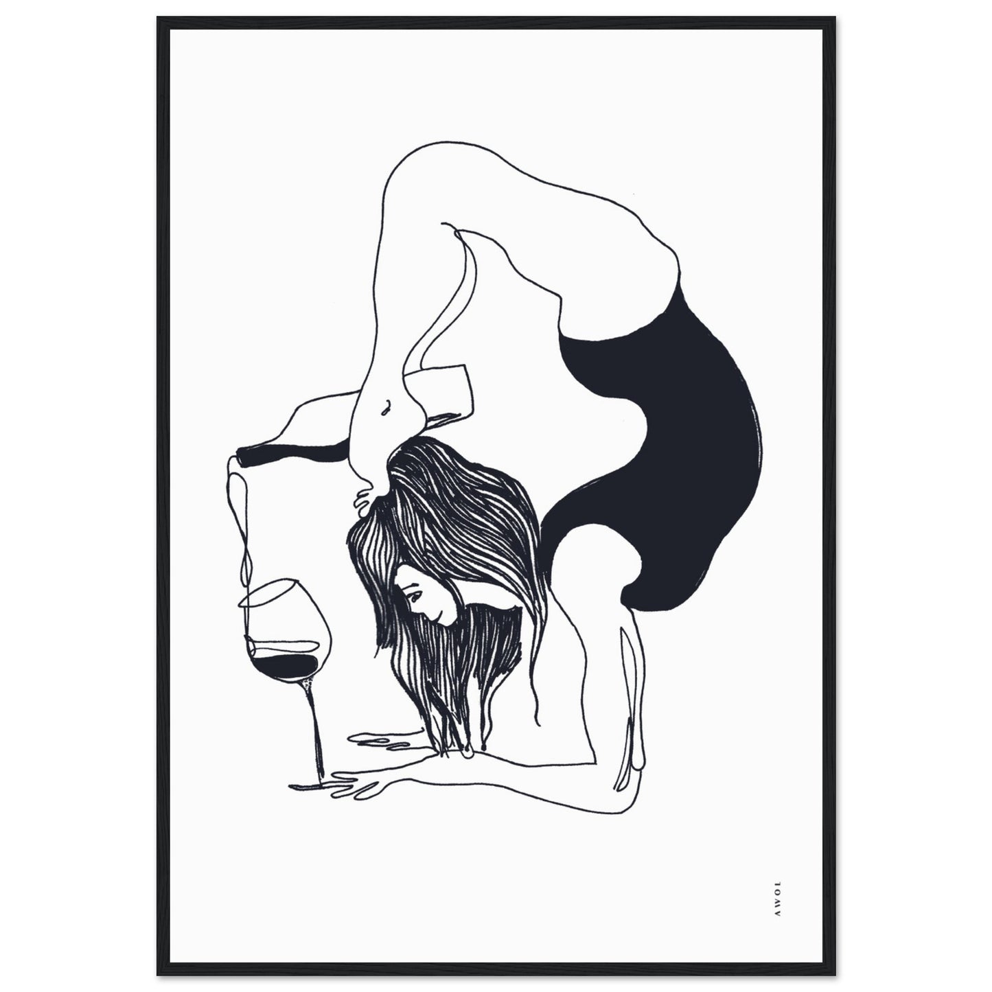Funny Black And White Yoga Art Print In Wooden Frame With Wine And Balance Yoga Pose