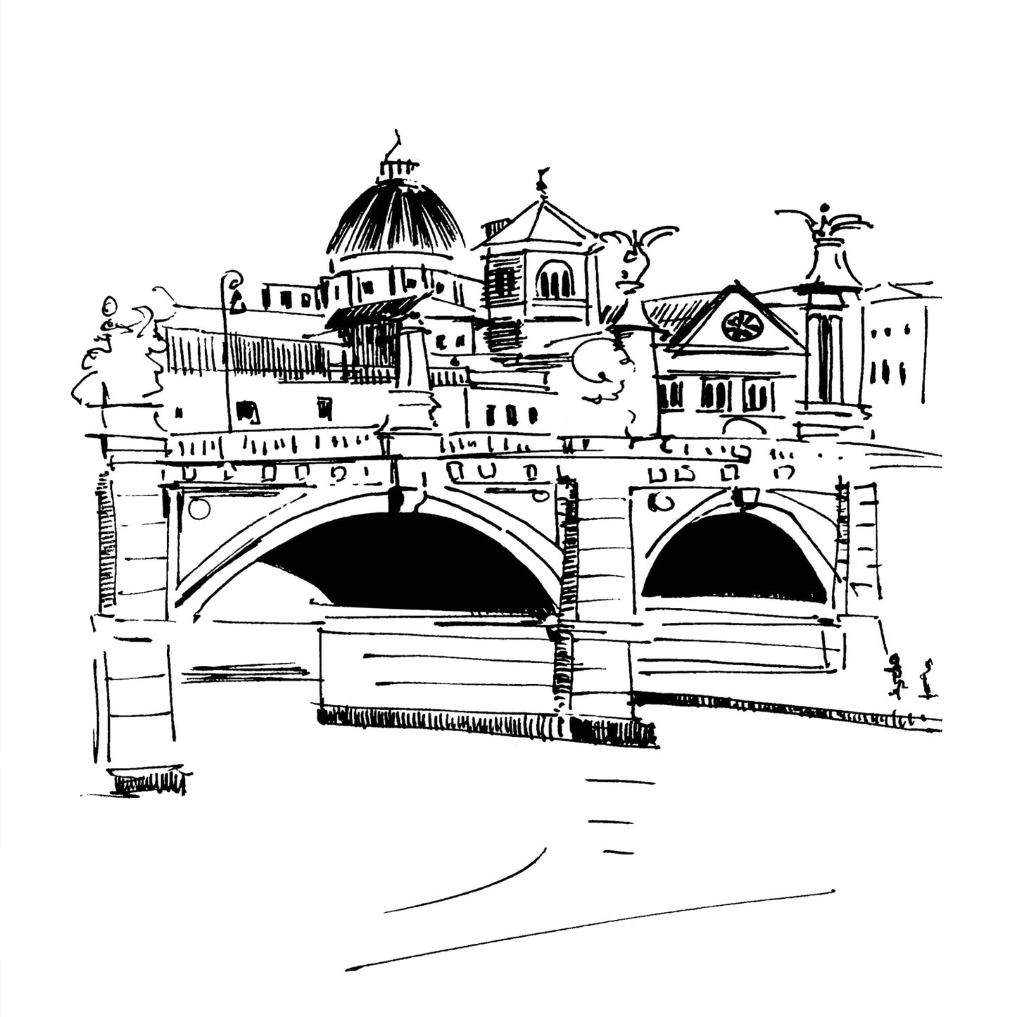 Rome Italy Wall Art Print – Hand-Drawn Bridge Sketch – Fine Art Travel Poster for Home & Wall Decor | Cityscape Line Art