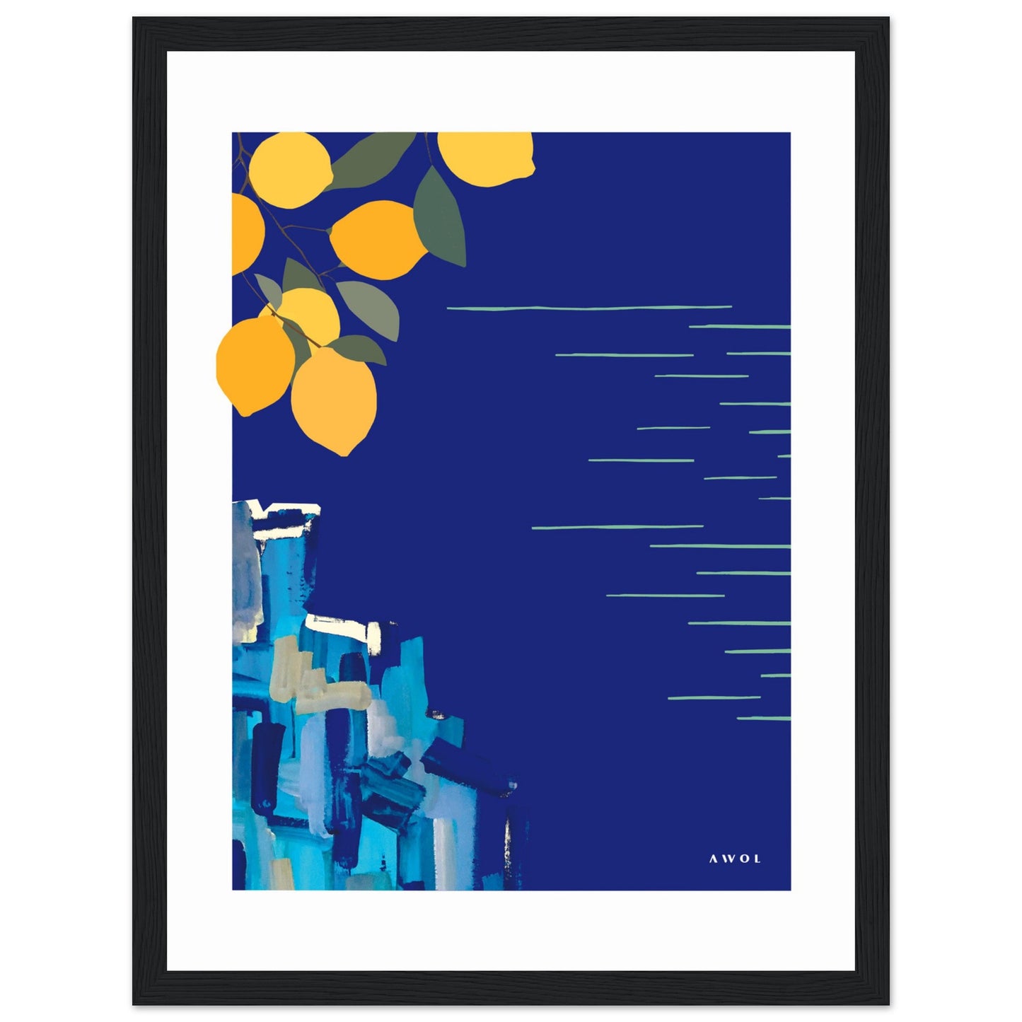 Mediterranean Blues: Landscape Art With Lemons By The Sea, Wooden Framed Art Print